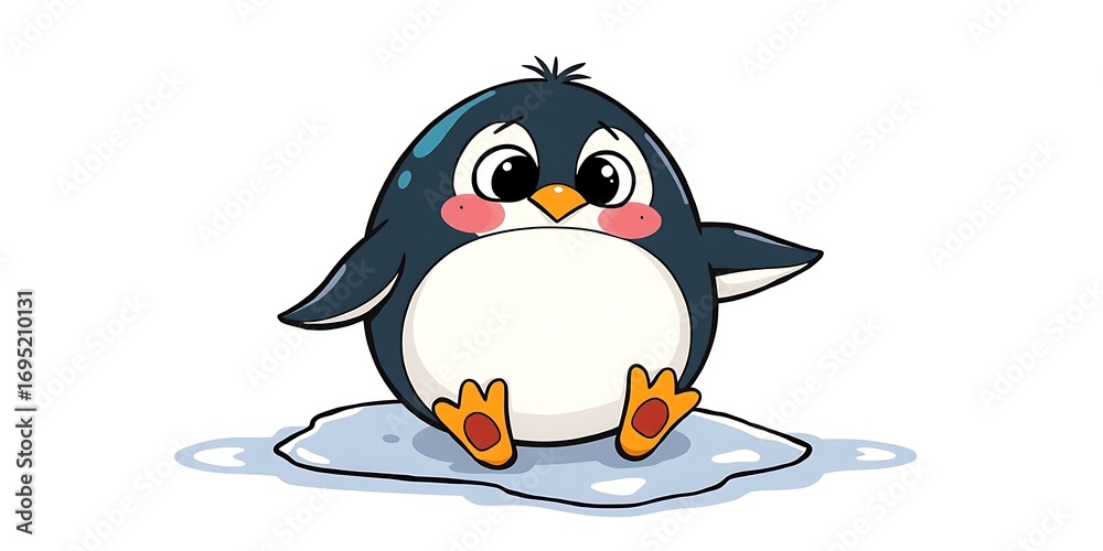 Obraz premium An adorable cartoon penguin sitting on a patch of ice with rosy cheeks. This cute illustration is great for themes of winter, animals, and seasonal fun.