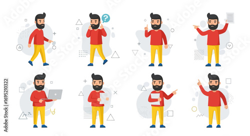 Flat vector illustration of a modern cartoon man character set. A young bearded man with dark hair