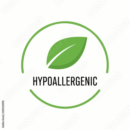 Hypoallergenic icon features simple leaf inside circle for branding. Hypoallergenic mark indicates gentle and safe ingredients.