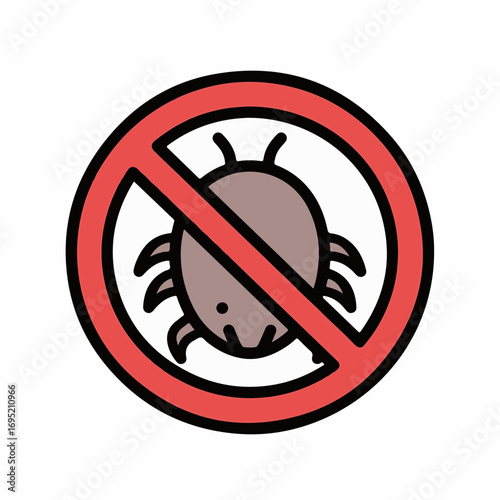 No insects allowed symbol with brown pest inside of prohibition sign. No insects sign reminds of sanitary conditions and pest control, this sign warns about risk of contagion.