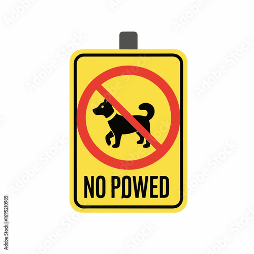 Yellow no dogs allowed sign showing symbol with black silhouette and red circle. No dogs allowed, area prohibits pets, sign emphasizes rules clearly.
