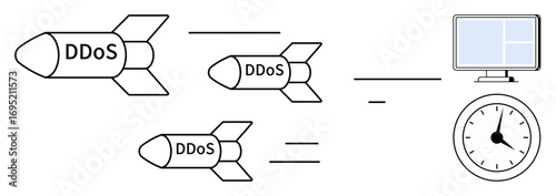 DDoS-labeled missiles attacking a computer network, accompanied by a clock symbolizing downtime. Ideal for cybersecurity, internet attacks, web vulnerability, threat awareness, data risk, IT defense