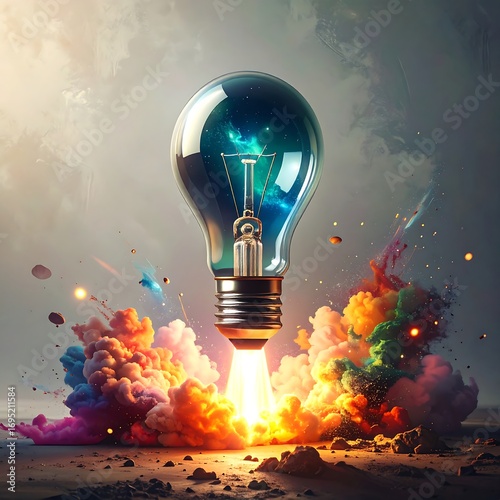 Lightbulb launching into colorful explosion