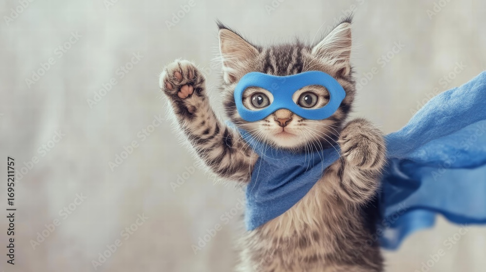 Fototapeta premium Kitten Blue Superhero Mask Cape Paws Raised Ready Action Cute