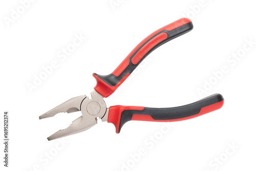 Metal pliers with electrically insulating handles made of red and black plastic. In open state. Close-up view. Isolated on transparent background.  