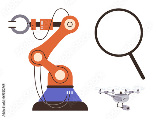 Robotic arm gripping object, magnifying glass, and Quadcopter. Ideal for automation, innovation, research, exploration, AI manufacturing technology. Simple flat metaphor