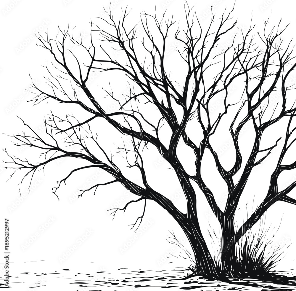 Obraz premium Desert tree outline with dry branches, simple black contour line art on white background.