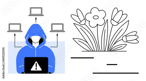 Person in a hoodie with a laptop symbolizing hacking next to flowers depicting nature. Ideal for technology, environmental contrast, cybersecurity, ethical hacking, tech impact, online safety, simple