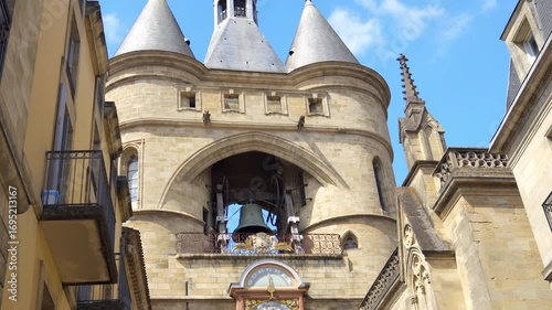 Close shot of the Grosse Cloche and its clock in Bordeaux, France