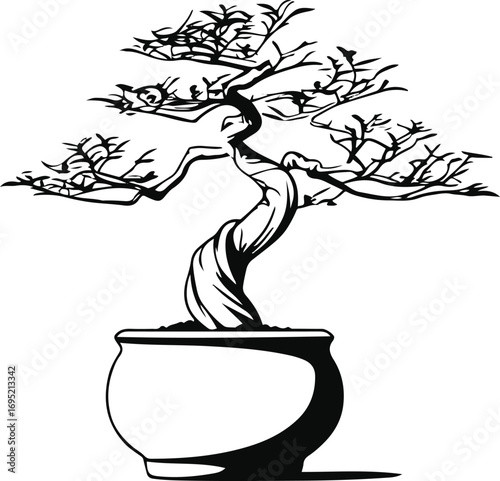 Minimalist outline drawing of a bonsai tree in a pot, black line art only, white background, no shading, vector style, suitable as logo, icon, or packaging element 3