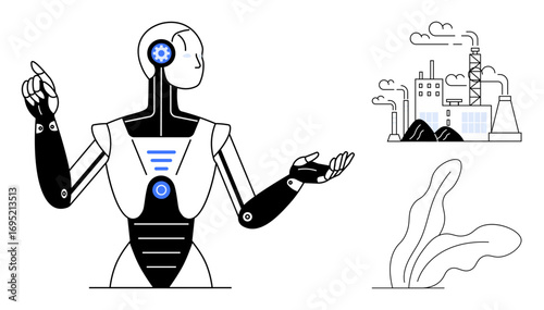 Modern humanoid robot gesturing towards industrial factories and greenery. Ideal for technology, AI, robotics, innovation, industry, eco-awareness, and sustainability. Simple flat metaphor