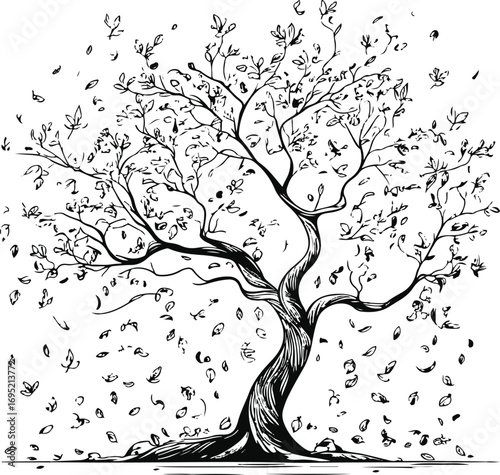 Tree outline with falling leaves around branches, clear black and white line art drawing