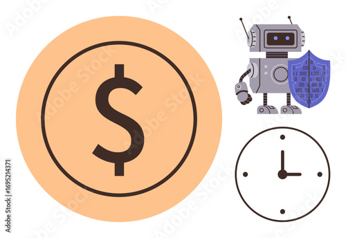Robotic character holding shield, clock representing time, dollar symbolizing finance. Ideal for innovation, technology, automation, security, efficiency, fintech future concepts simple flat