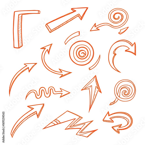 Collection of hand drawn arrow elements and swirls expressing directional movement and design vector
