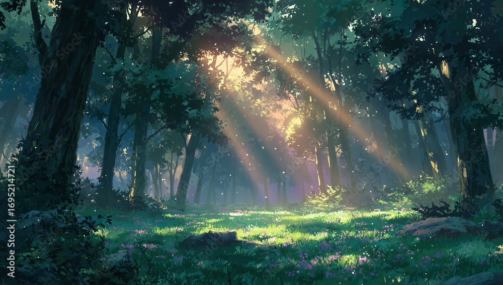Obraz premium Sunlight Streaming Through Trees in a Serene Forest