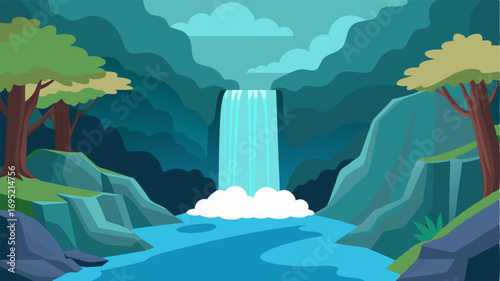A small waterfall cascades down a rocky outcrop into the river creating a soothing white noise that blends with the sounds of the jungle.