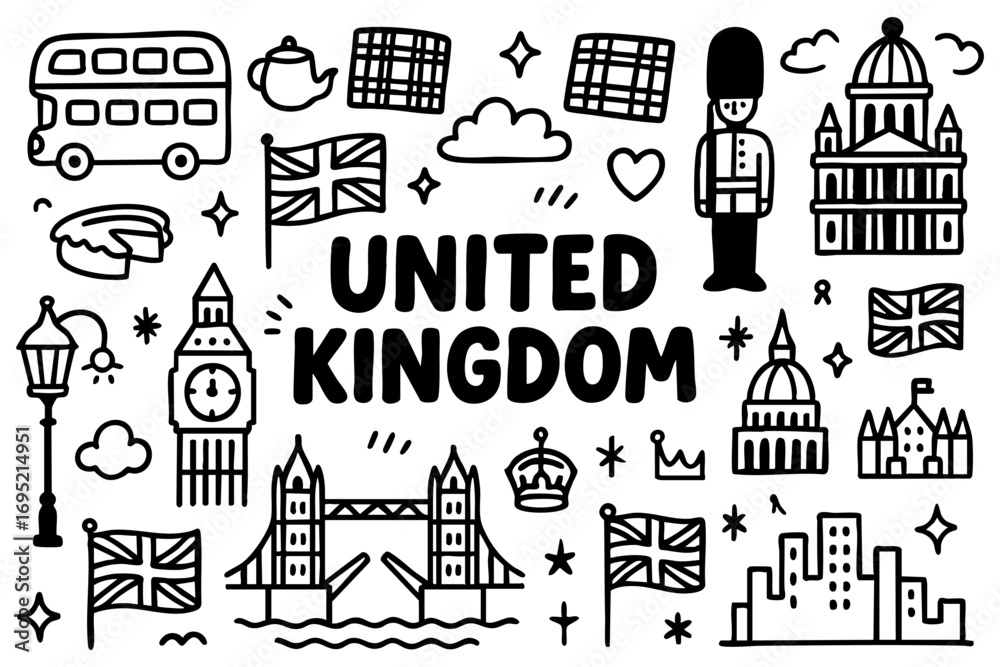 Obraz premium United Kingdom doodle compilation: Big Ben, Tower Bridge, St. Paul’s Cathedral, royal guard, crown, double-decker bus, tea, pie, Union Jack flags, tartan pattern, city skyline, and lamp posts.