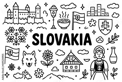 Slovakia doodle compilation: Bratislava Castle, folk costumes, wolf, dumplings, Slovak flag, wooden houses, traditional patterns, mountains, and churches.