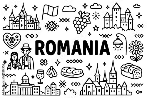 Romania doodle compilation: Bran Castle, Palace of the Parliament, Arcul de Triumf, traditional costumes, grapes, bears, sarmale, city skylines, and Romanian flag.