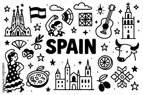 Spain doodle compilation: Sagrada Familia, flamenco dancers, bull, guitar, fan, paella, oranges, olives, Spanish flag, traditional tiles, Seville’s Giralda tower, and city skyline.