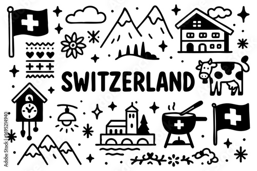 Switzerland doodle compilation: Alps, chalets, Swiss flag, cheese, cow, mountains, flowers, fondue, clock, traditional house, bridge, tower, and city skyline.