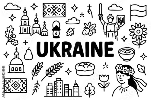 Ukraine doodle compilation: Kyiv architecture, churches, wheat, sunflower, borscht, bread, national costume, embroidery, oak leaves, berries, Motherland Monument, and Ukrainian flag.