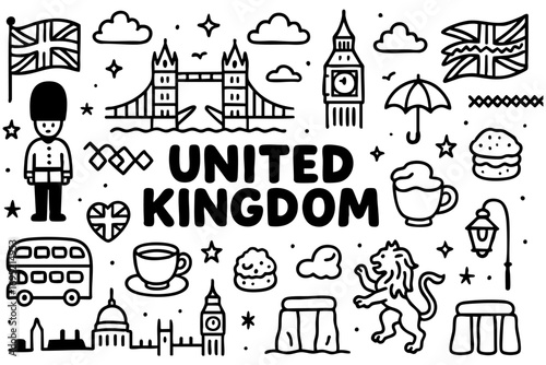 United Kingdom doodle compilation: Big Ben, Tower Bridge, St. Paul’s Cathedral, royal guard, crown, double-decker bus, tea, pie, Union Jack flags, tartan pattern, city skyline, and lamp posts.