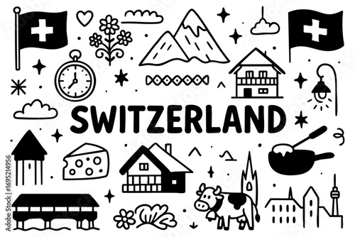 Switzerland doodle compilation: Alps, chalets, Swiss flag, cheese, cow, mountains, flowers, fondue, clock, traditional house, bridge, tower, and city skyline.