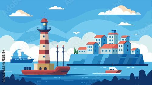 A striking lighthouse standing tall at the edge of the harbor guiding ships into the bustling city port.