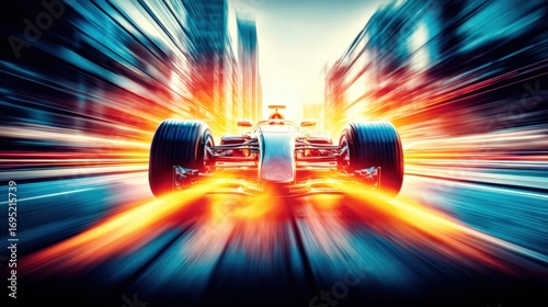 A dynamic Formula 1 car races at breakneck speed, creating a sense of motion.