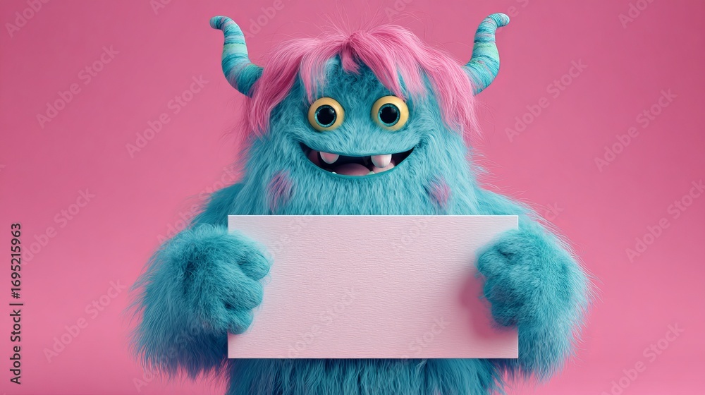 Fototapeta premium Cheerful fluffy blue monster holding a blank white sign against a vibrant pink background studio shot.