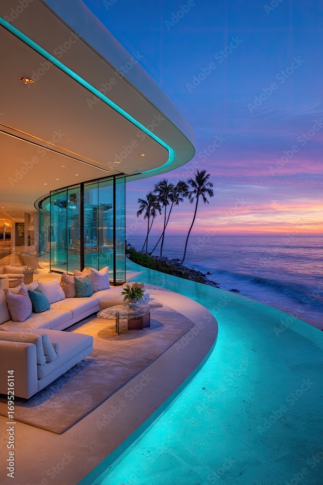 Fototapeta premium A stunning modern beachfront home boasts a curved infinity pool that seamlessly blends with the ocean view at sunset.
