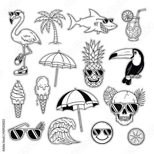 Summer beach vacation icons flamingo pineapple toucan shark sunglasses ice cream palm trees paraso vector