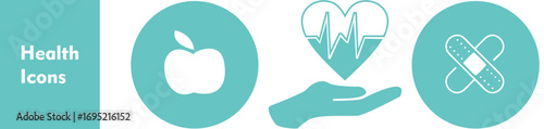 Pack of three icons about healthy living, medicine and care