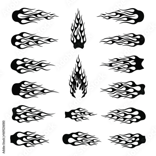 Dynamic fire flame graphics set for automotive and customization projects hot rod style vector