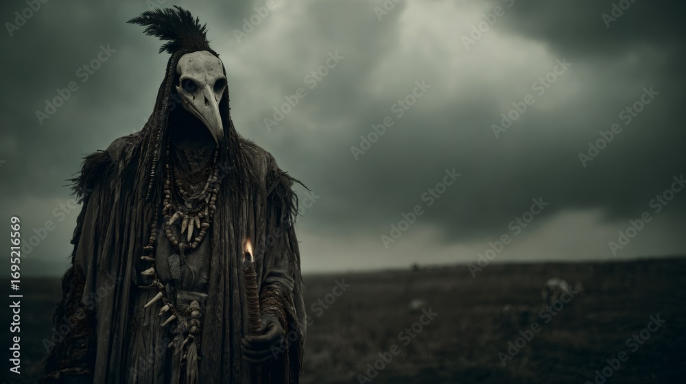 Fototapeta premium Plague doctor costume in desolate field under stormy sky. Dark gothic horror concept. Halloween character design. Eerie medieval medical history reenactment.