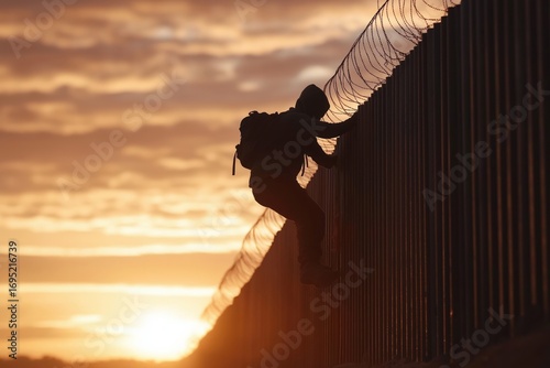A silhouette of an individual climbing a barbed-wire fence during sunset, symbolizing the challenges of migration and borders in a dramatic landscape.
