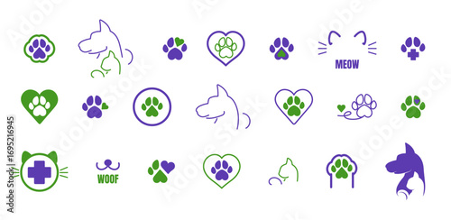 Pet friendly two-tone icon set. Dog and Cat Pet Shop, veterinary. Vector purple and green logotype, illustration.
