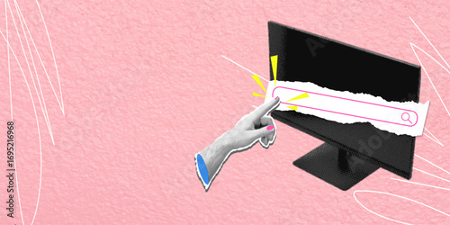 Trendy pop art search concept. Halftone personal computer monitor with search bar. Cut out hand pointing at it. Modern retro textured vector illustration for mixed media design on pink background.