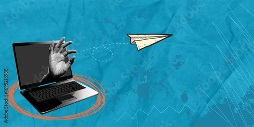 Hand interacting with laptop, launching paper airplane. Trendy art collage with bright orange outlined circle and turquoise background, highlighting creativity and playfulness.