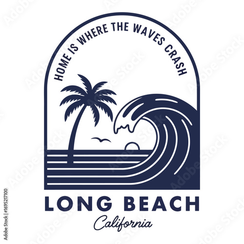 Retro long beach california sunset wave palm tree graphic t-shirt design vector