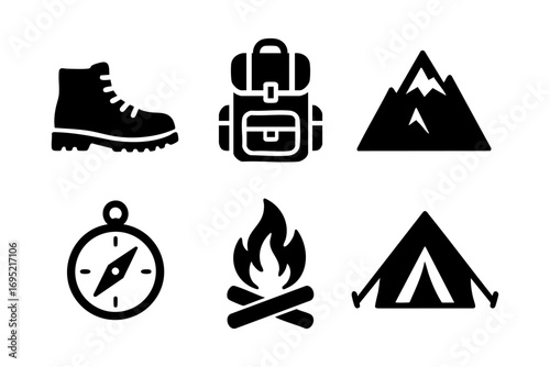 Hiking gear icons: camping and trekking essentials in silhouette vector design.
