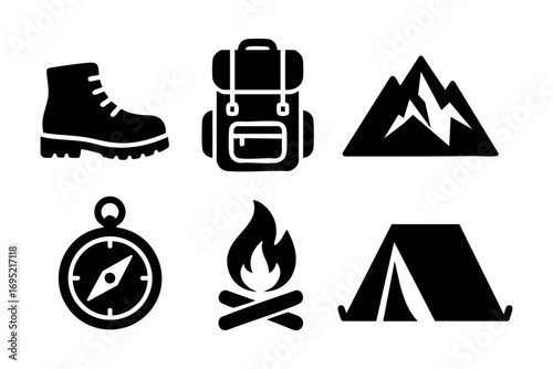 Hiking gear icons: camping and trekking essentials in silhouette vector design.