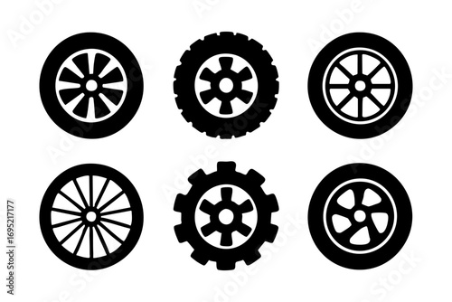 Wheels and gear icons: diverse wheel and gear silhouettes for mechanics, engineering, and automotive design.
