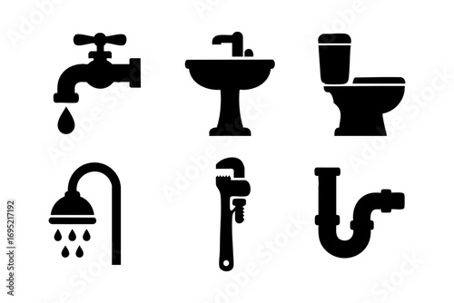 Plumbing icons: household water and sanitation essentials in silhouette design