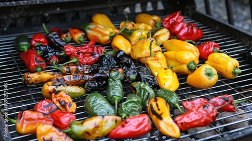 A mix of fiery chili peppers and sweeter milder peppers all having been grilled to bring out their flavors.