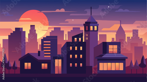 A tranquil cityscape at dusk the bright lights of buildings competing with the subtle colors of the setting sun.