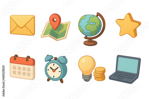 Business and office icons: modern technology essentials in colourful isometric style