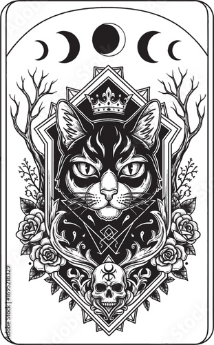 Ornate Royal Cat Portrait in Gothic Style with Crown and Floral Embellishments
