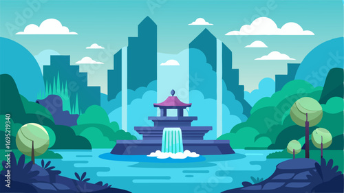 A serene meditation garden with a tranquil waterfall providing a peaceful escape from the busy city streets.